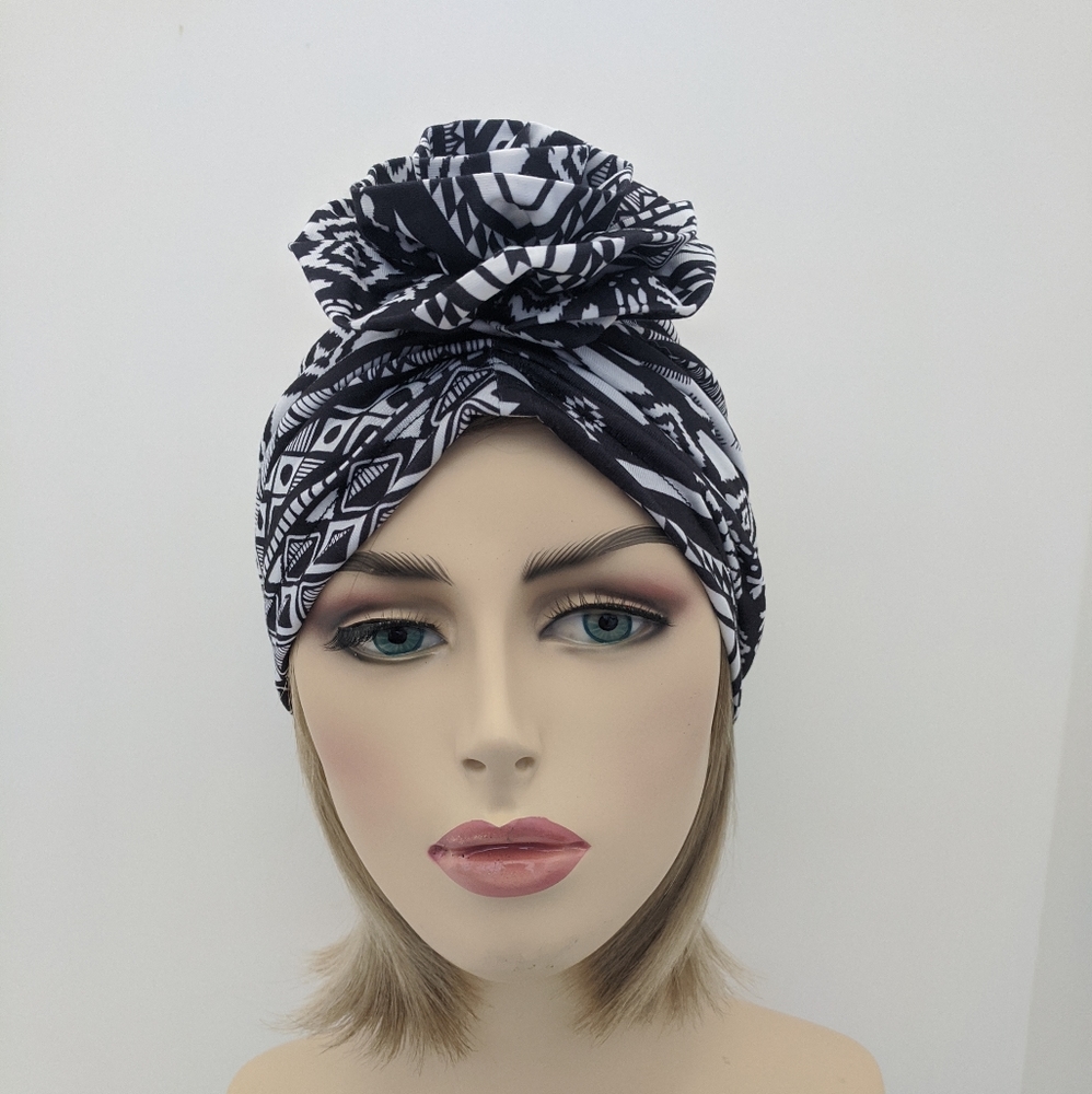 Tribal Turban Hat Cap Black White Flower Ethnic